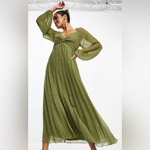 Olive green twist front long sleeve metallic textured chiffon midi dress